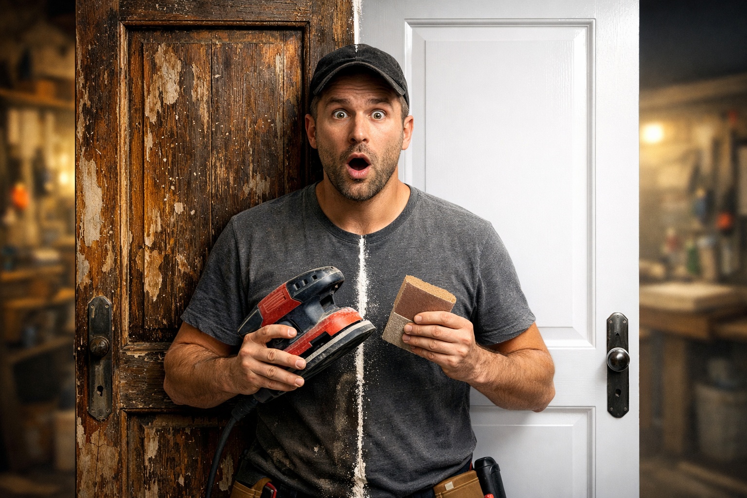 Adeus porta cara: carpinteiro revitaliza porta antiga com lixa, massa plástica e tinta esmalte por cerca de R$ 80, mantém o batente original e deixa acabamento igual ao de peça nova sem precisar substituir tudo