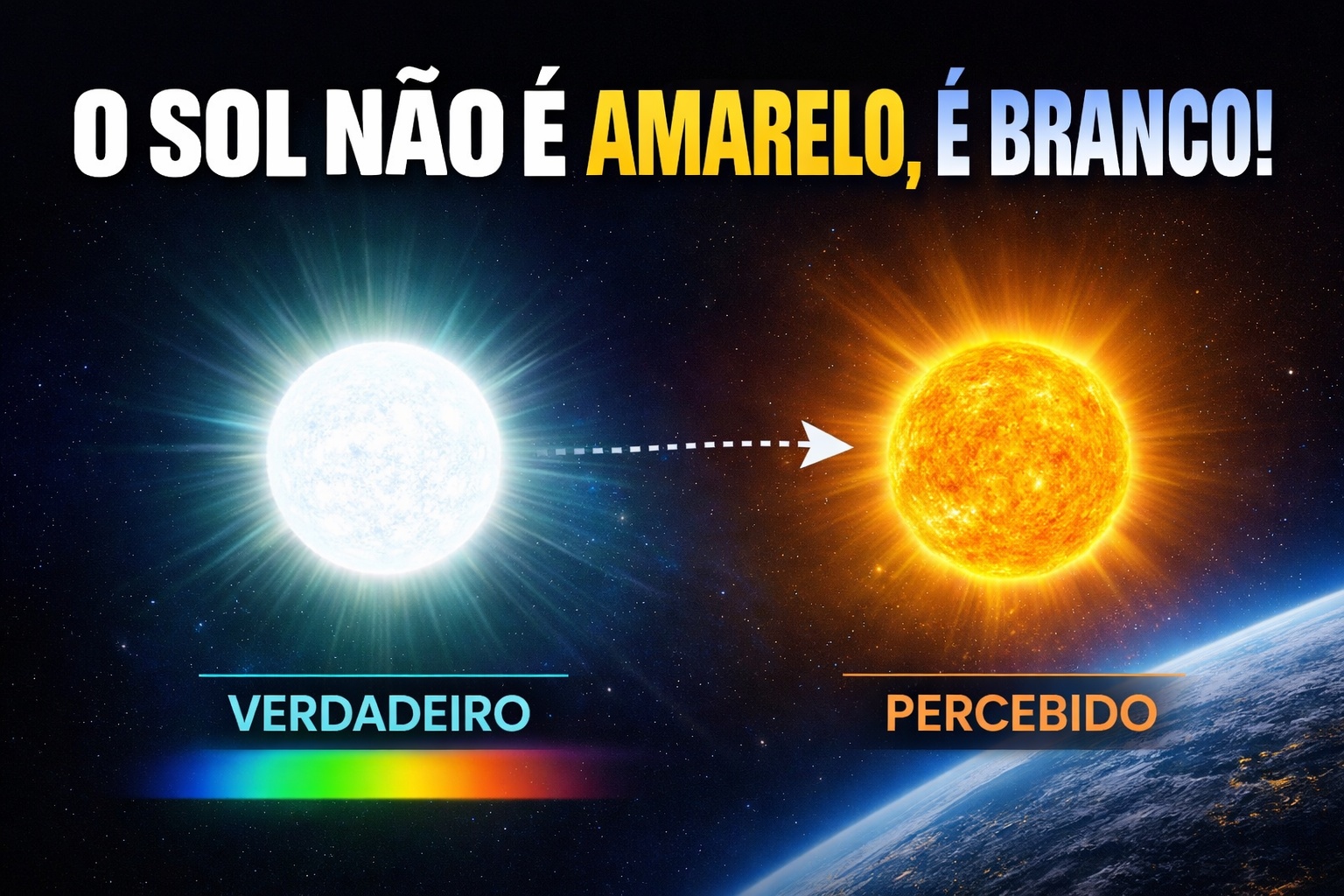 Emitindo luz máxima em torno de 500 nanômetros e com espectro equilibrado em todas as cores visíveis, poucos sabem que o Sol não é amarelo como mostram livros didáticos, mas branco — e a tonalidade que vemos é um efeito direto da atmosfera da Terra