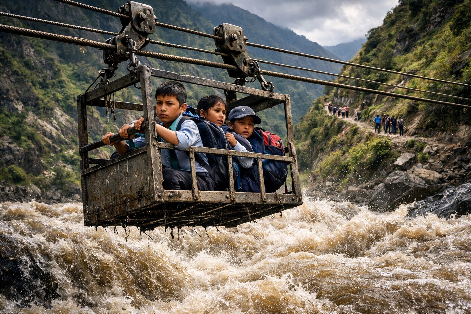 Em Uttarakhand, crianças atravessam rios caudalosos em vagonetas presas a cabos de aço e caminham quilômetros por trilhas íngremes para conseguir chegar à escola em vilarejos isolados da Índia