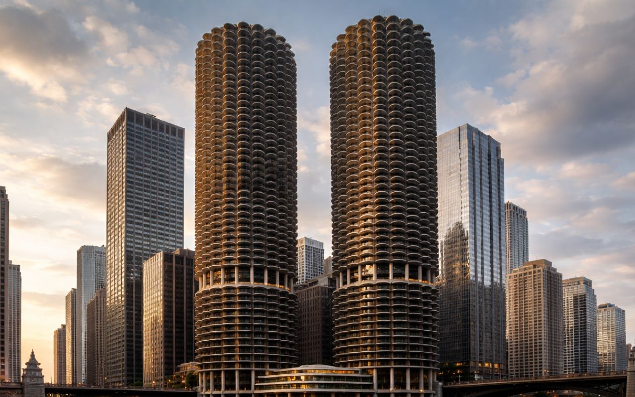 Torres circulares em formato de espiga de milho transformaram o Marina City em um ícone da arquitetura moderna de Chicago, unindo moradia, lazer e inovação urbana desde 1964.