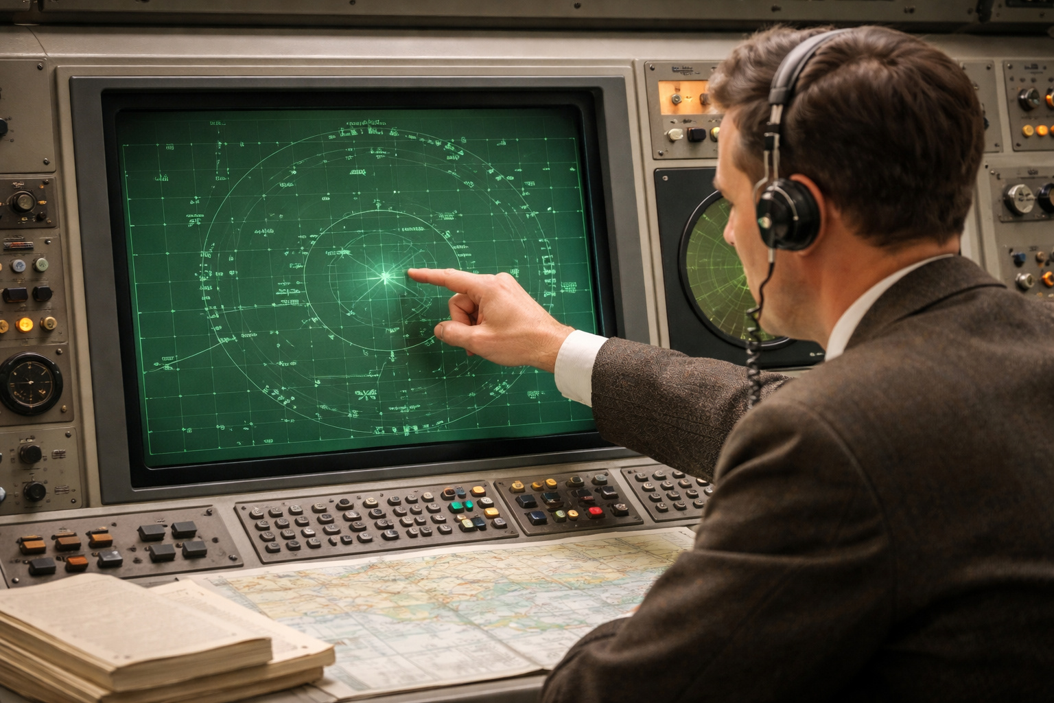 Painel antigo de controle de tráfego aéreo dos anos 1960 com tela sensível ao toque em uso por engenheiro, representando a origem histórica do touch screen antes do iPhone