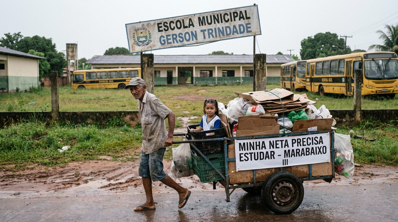 Transporte escolar parado, avô leva neta em carrinho de recicláveis para a escola municipal, que fica com salas vazias enquanto ônibus seguem sem previsão de retorno em Macapá