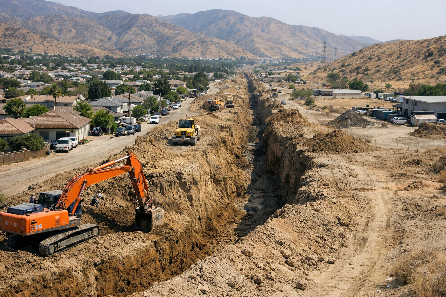 Trincheiras sendo abertas na Califórnia em áreas urbanas e florestais.