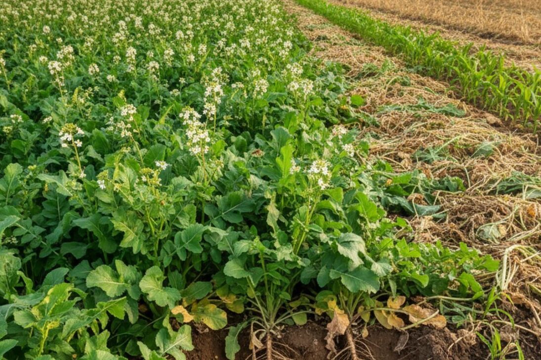 Plants such as sunflower and fodder turnip generate biomass and help to recover compacted soil without chemicals.