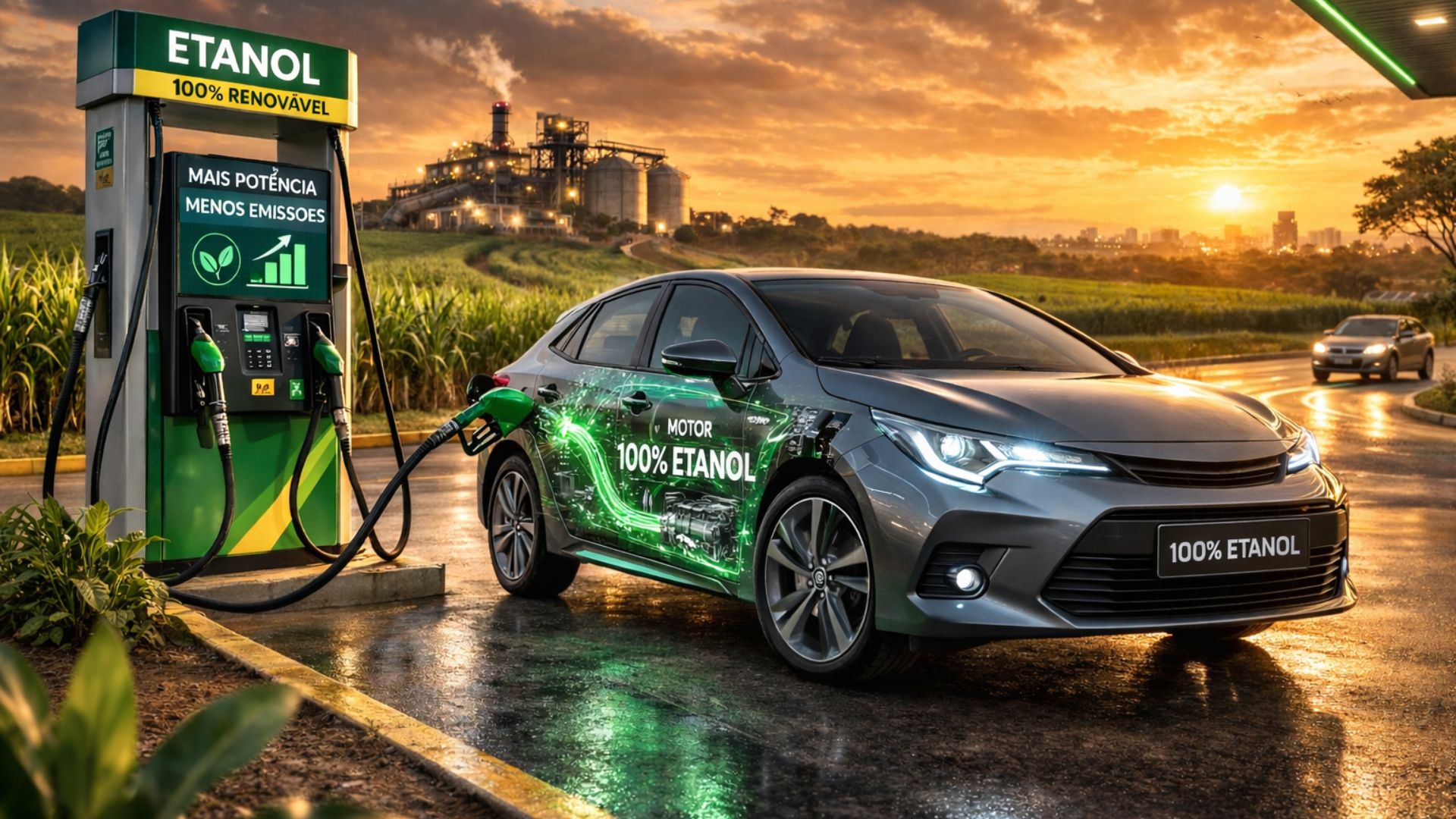 Carro genérico abastecendo com etanol em posto moderno, ilustrando veículos 100% movidos a etanol e o debate sobre motores exclusivos no Brasil.