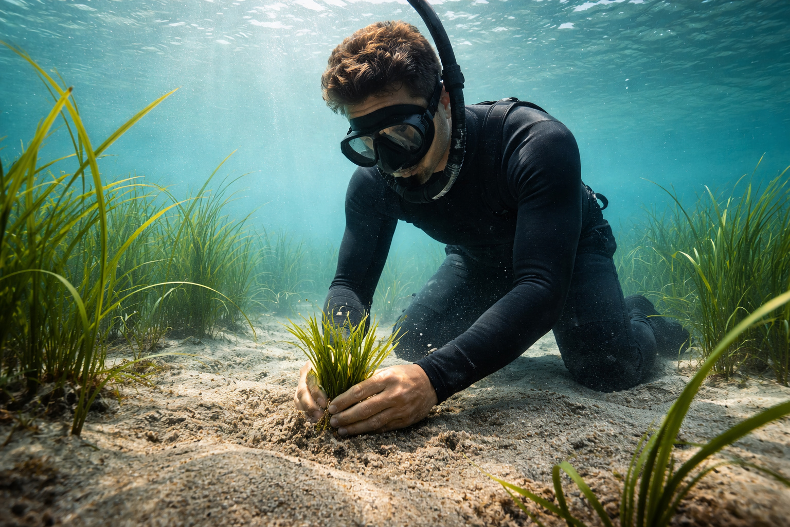 A Inglaterra que destruiu 92% de seus prados submarinos de erva-marinha em menos de um século está replantando semente por semente no fundo do mar, e cada hectare recuperado armazena o carbono equivalente às emissões anuais de 47 pessoas