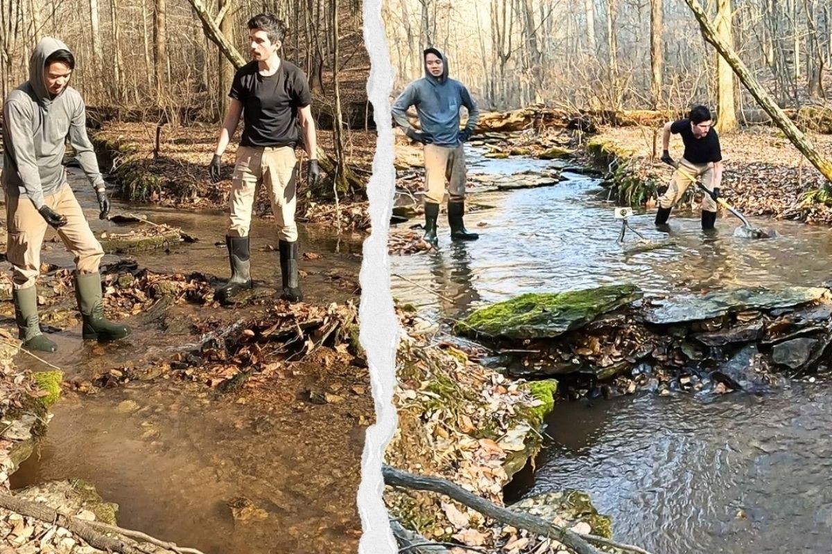 represa de pedras feita em um riacho tenta reduzir a erosão, elevar a água e criar uma piscina fria para uso ao lado de uma futura sauna.