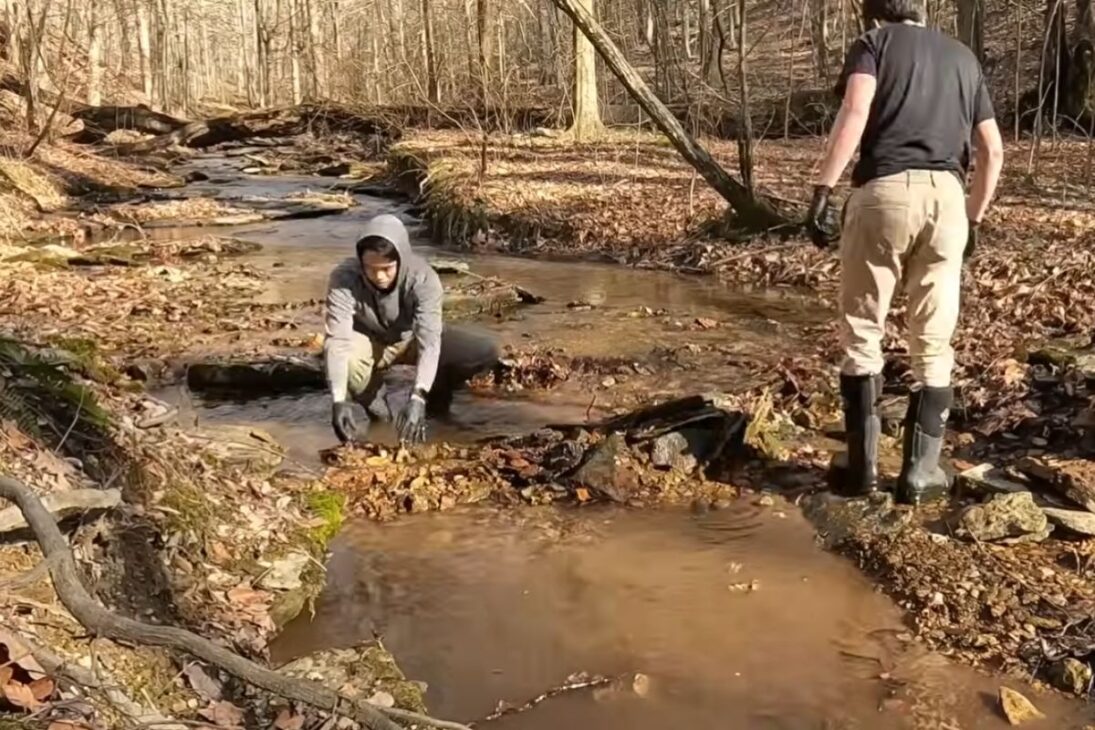 stone dam made in a stream tries to reduce erosion, lift water, and create a cool pool for use beside a future sauna.