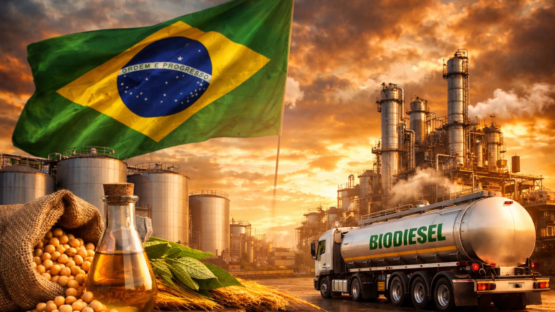 Caminhão-tanque de biodiesel em frente a refinaria com bandeira do Brasil e grãos de soja, representando a cadeia produtiva e a expansão do biodiesel no país.