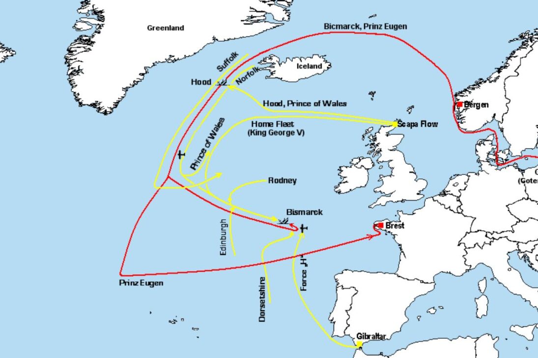 Bismarck sinks the HMS Hood, exposing the German battleship and triggering pursuit in the Atlantic during World War II.