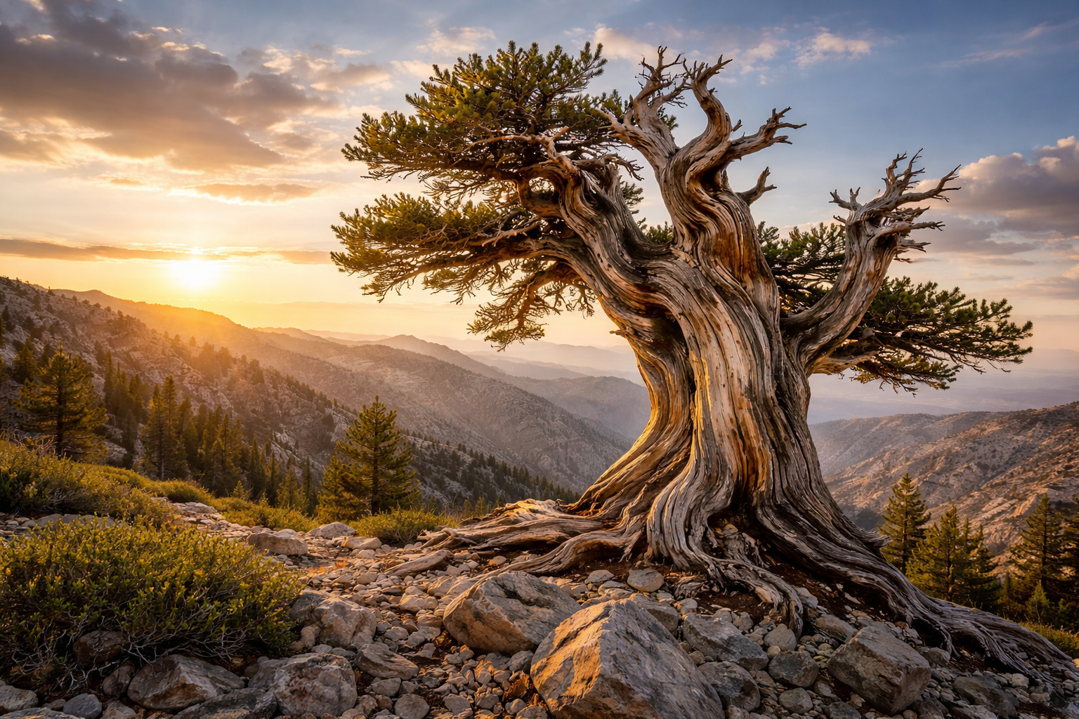 Árvore bristlecone pine milenar nas montanhas da Califórnia considerada uma das árvores mais antigas do mundo