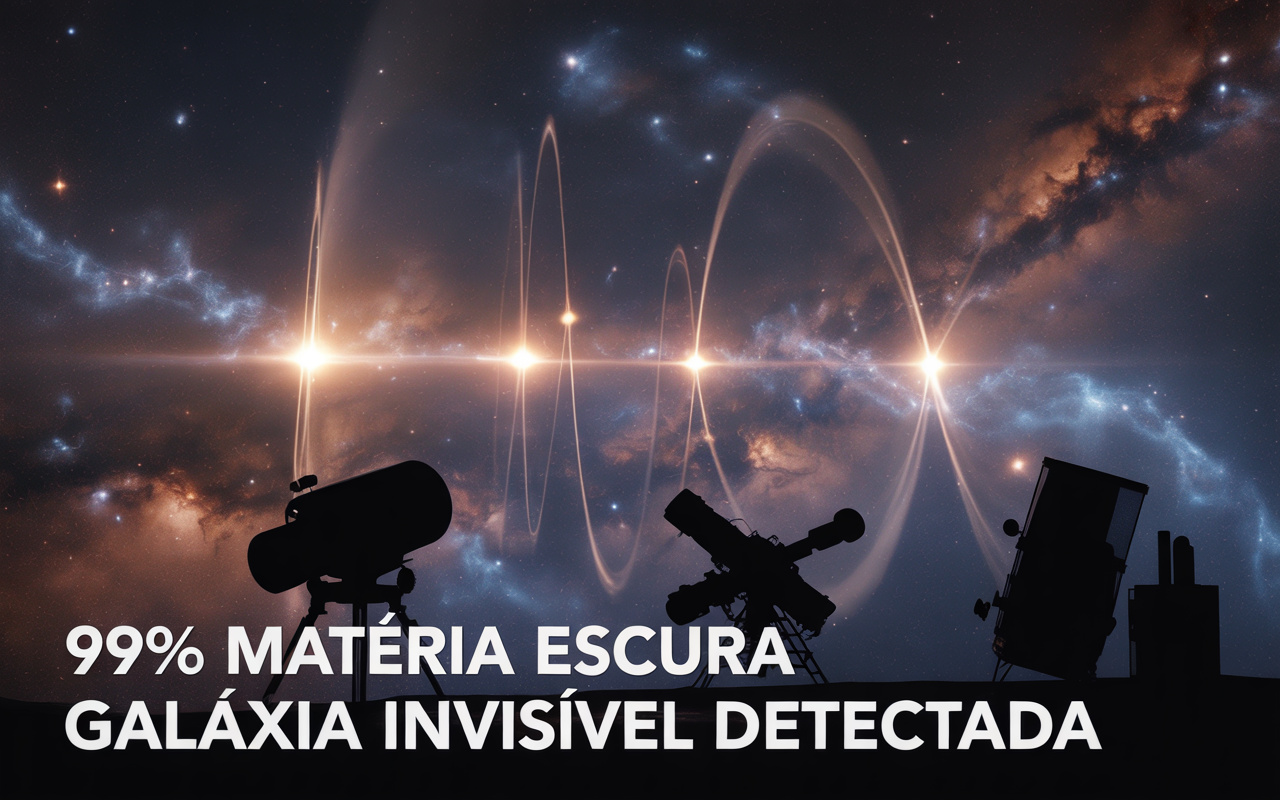 Astrônomos encontraram uma galáxia que não pode ser vista — ela foi detectada pelo rastro gravitacional de quatro aglomerados de estrelas flutuando no vazio, e quando Hubble, Euclid e Subaru apontaram para o local, confirmaram que 99% do que está ali é matéria escura, a substância mais abundante do universo que nenhum detector jamais captou diretamente
