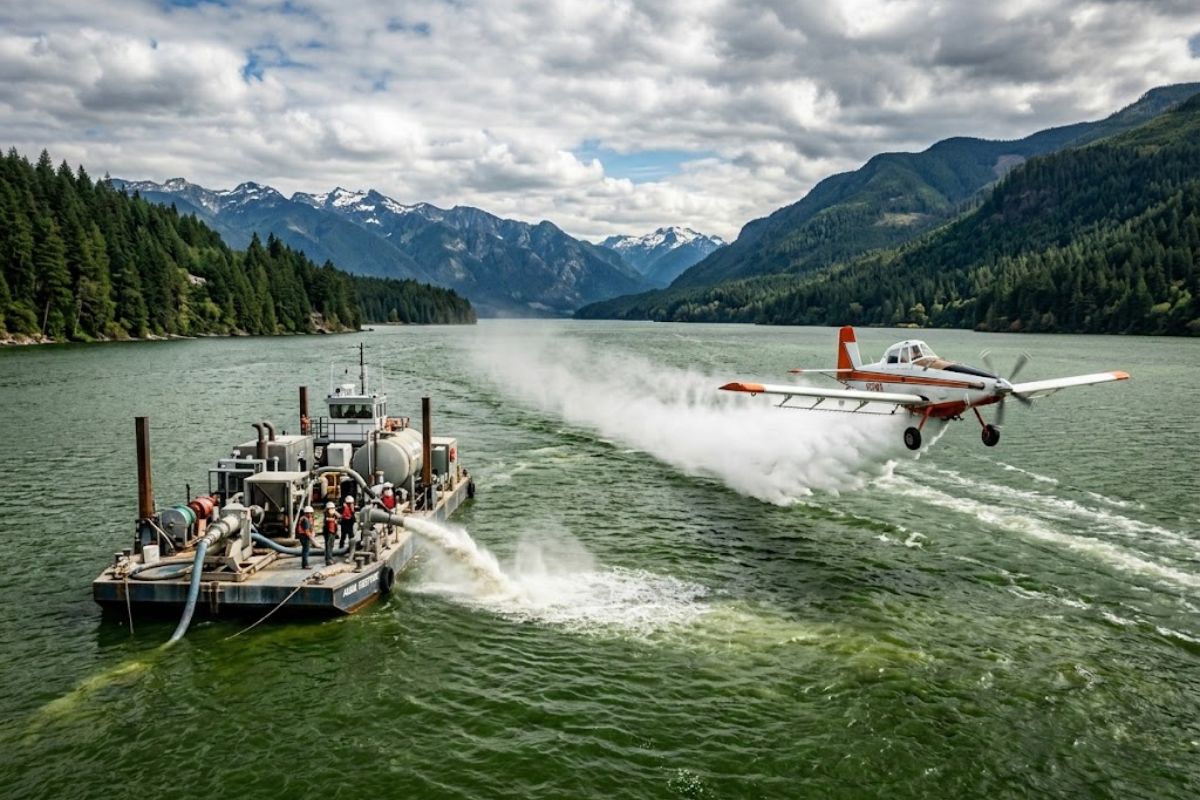Lago Ketchum recebe alumínio para prender fósforo na água e evitar dragagem ampla, em um projeto de recuperação que melhorou a transparência e reduziu as algas.