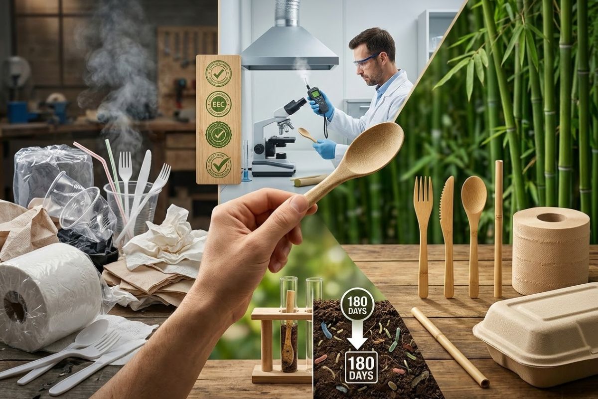 Bambu e bioplástico desafiam plástico e papel, mas a segurança alimentar ainda decide se a troca faz sentido.