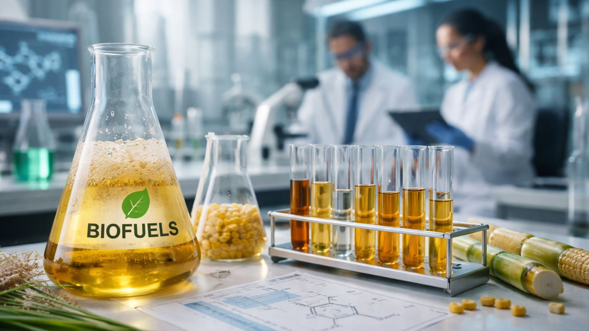 Frascos com líquido dourado simulando etanol em laboratório de biotecnologia, com cientistas desfocados ao fundo pesquisando leveduras para biocombustíveis.
