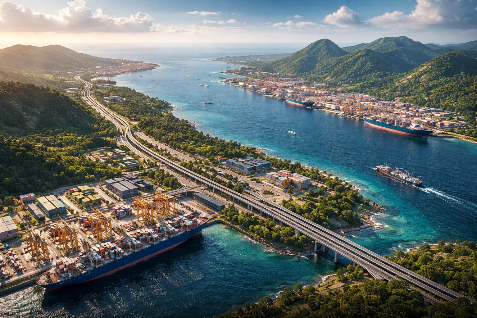 Portos de contêineres conectados por rodovia e ferrovia em corredor logístico na Tailândia ligando os oceanos Índico e Pacífico como alternativa ao Estreito de Malaca.