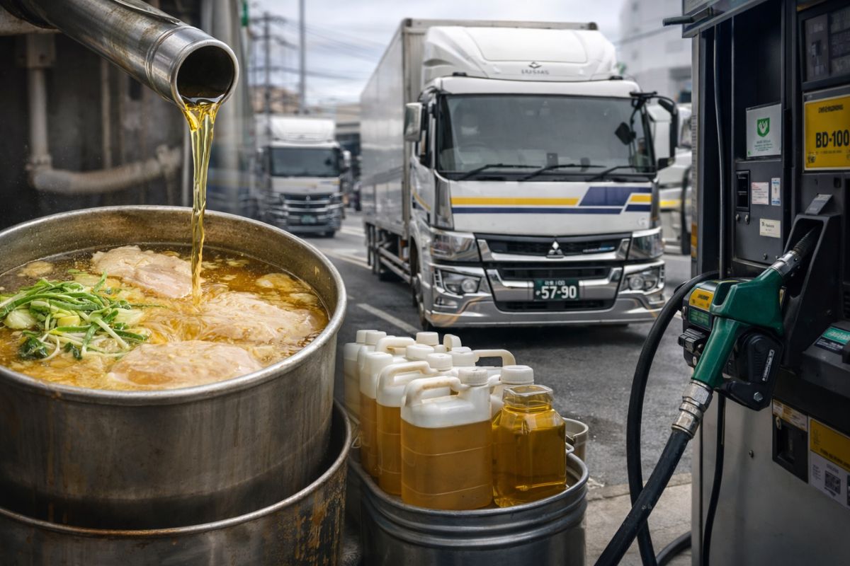 biodiesel em caminhões movidos a ramen: banha do tonkotsu e óleo usado viram combustível no Japão, com redução de CO2 na frota.