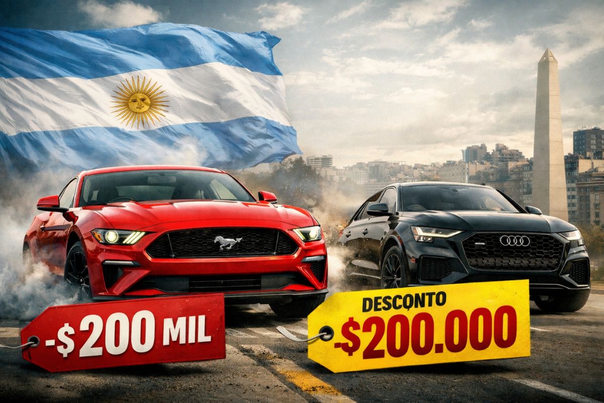 carros de luxo na Argentina: Javier Milei corta imposto interno, derruba preços e acelera o Mustang.