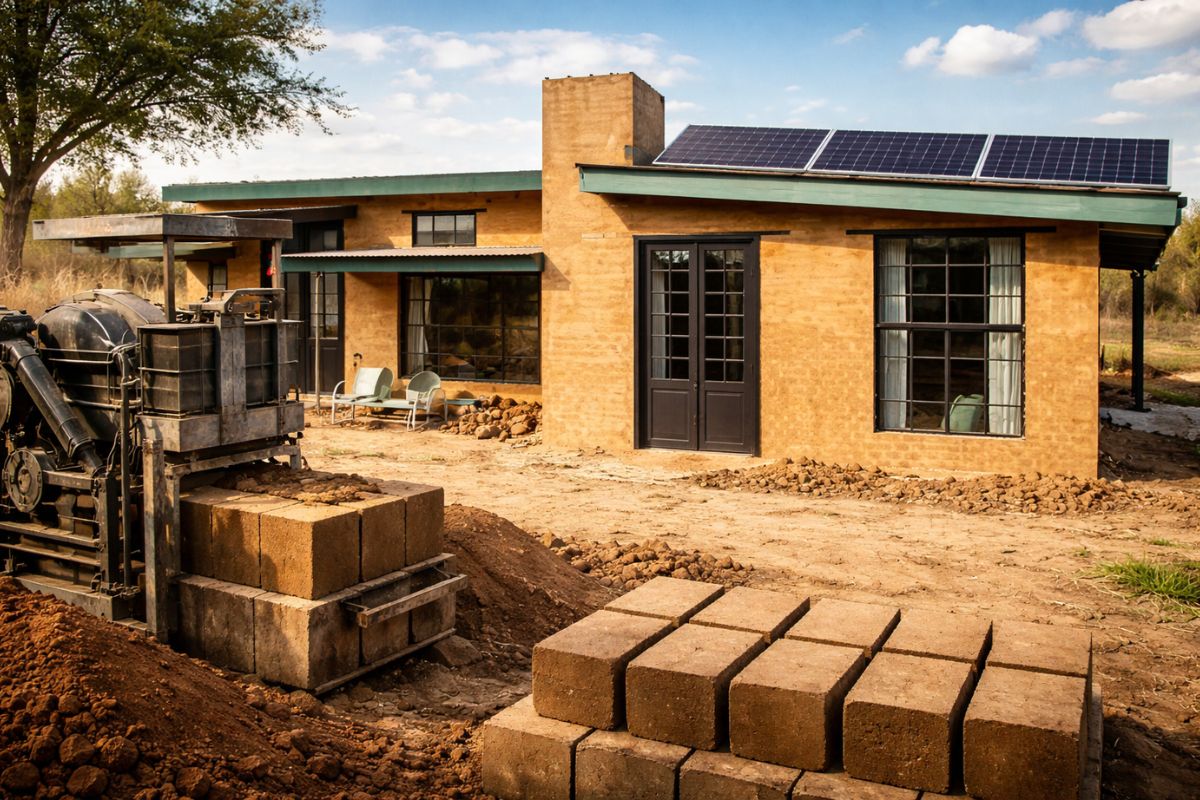 Entenda como uma casa de terra compactada com blocos de terra e argila reduz a pegada de carbono e entrega resistência.