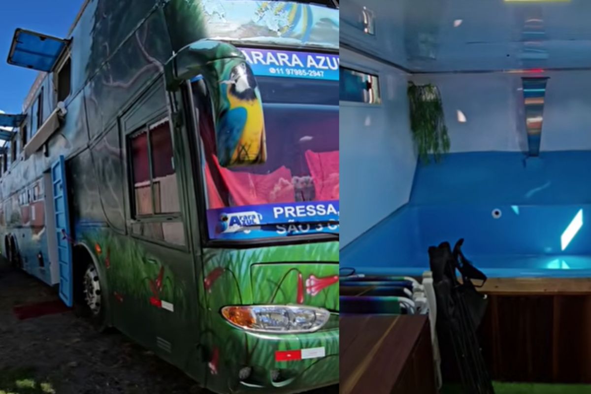Casal transforma ônibus em mansão sobre rodas com piscina, deck, quatro quartos, energia solar e internet via satélite para rodar o Brasil inteiro desde 2018 e planejar volta ao mundo
