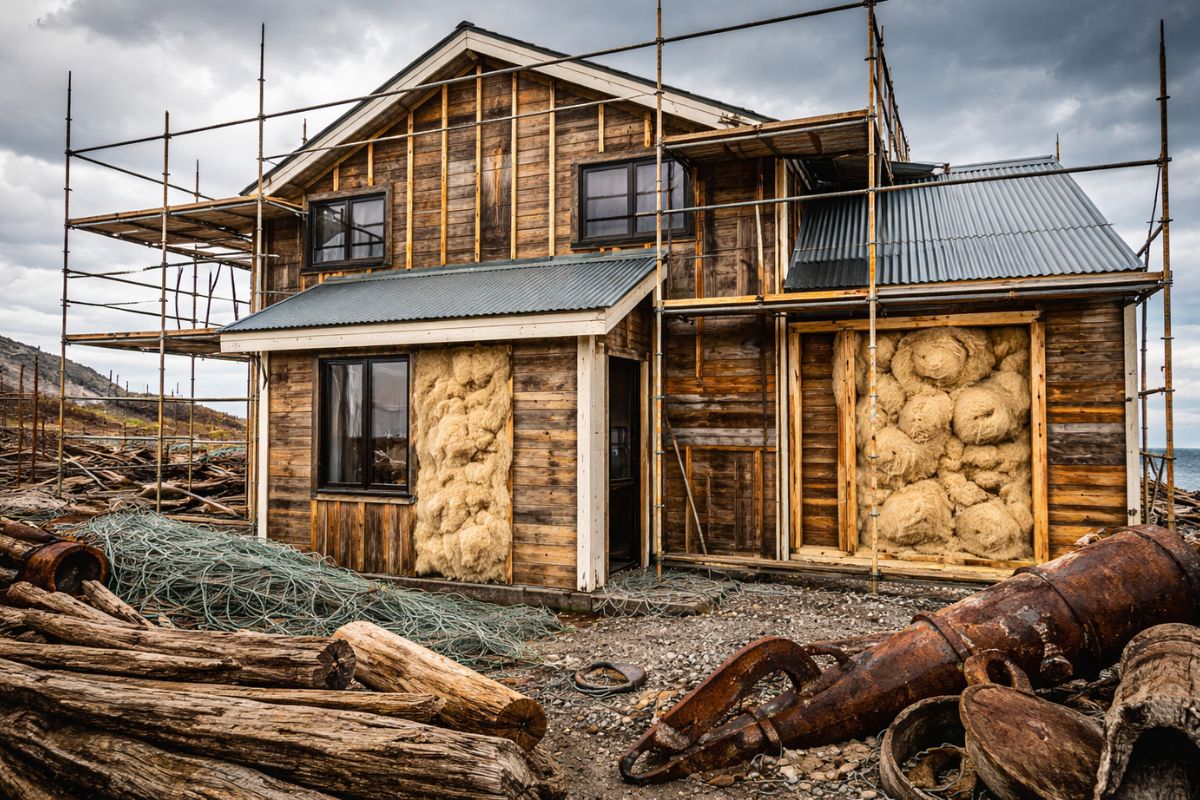 Casas feitas com lã de ovelha nas Ilhas Malvinas: wood frame, isolamento natural e madeira de navios naufragados explicam essas moradias.