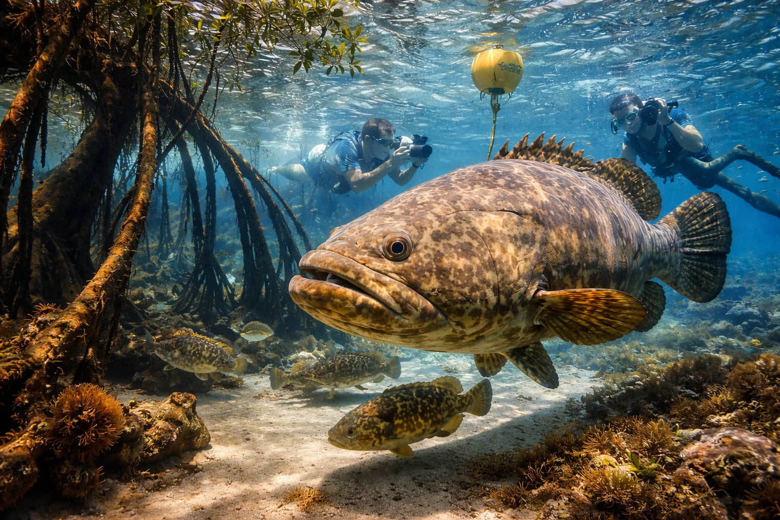 Peixe mero gigante nadando em área de manguezal com meros jovens e pesquisadores monitorando o ambiente marinho em Conceição da Barra, Espírito Santo.