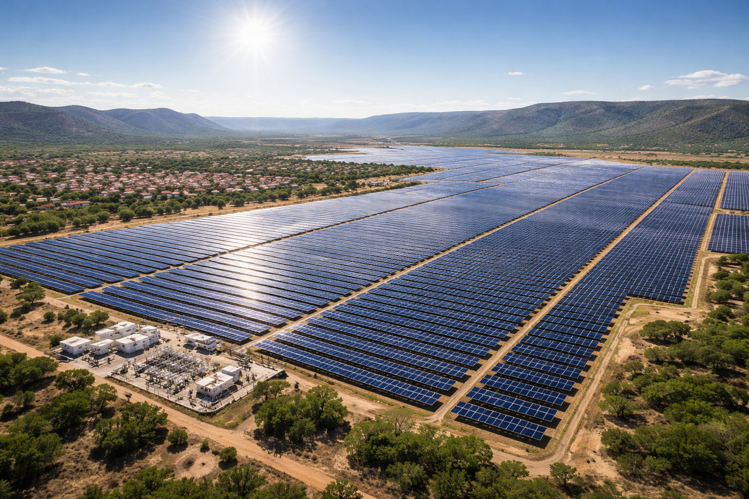 Vista aérea de milhares de painéis solares formando um grande complexo de energia solar em São Gonçalo do Gurguéia, no Piauí, com cidade e paisagem do sertão ao fundo.
