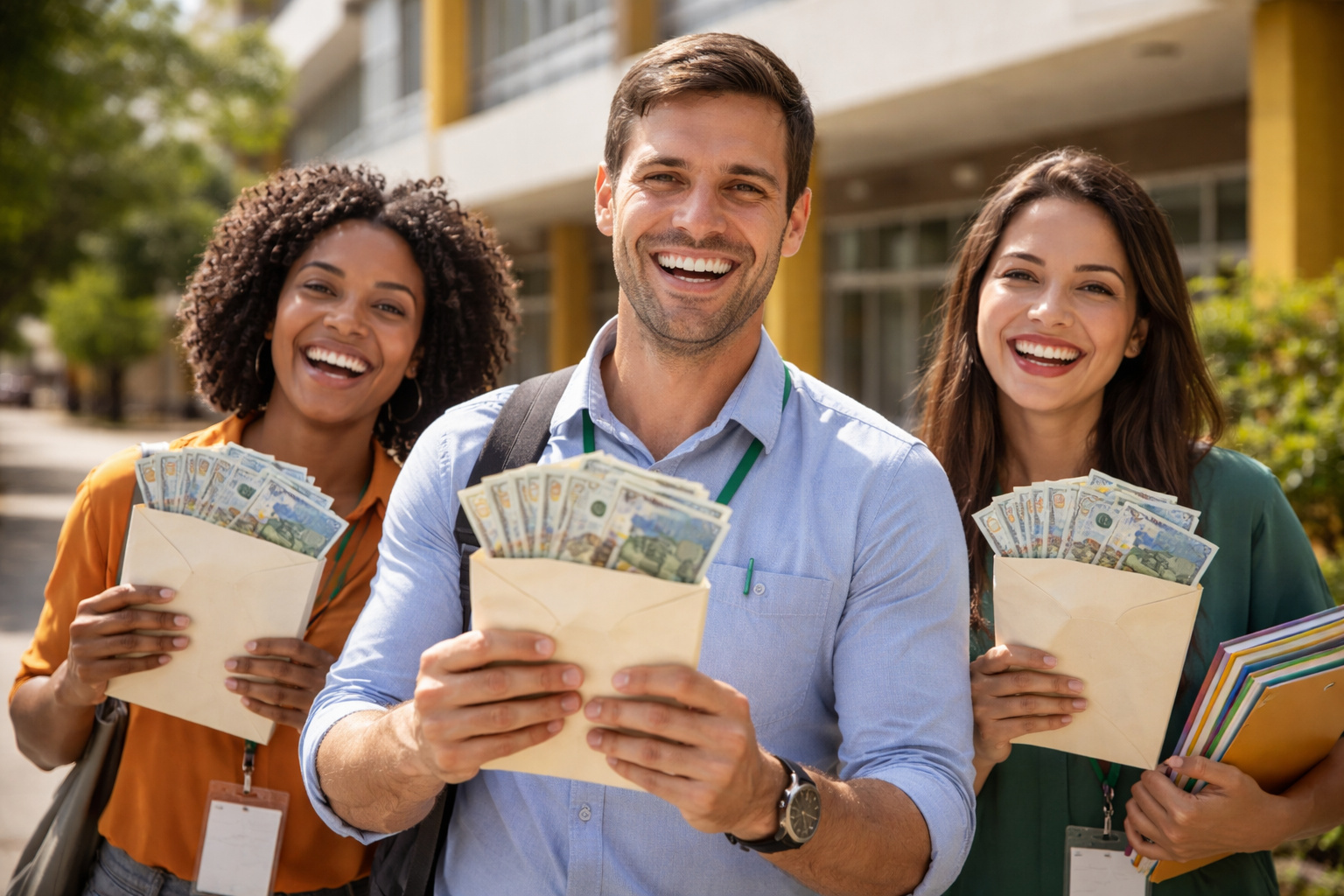Professores brasileiros segurando dinheiro em frente a uma escola pública, representando salários e remuneração na carreira docente no Brasil.