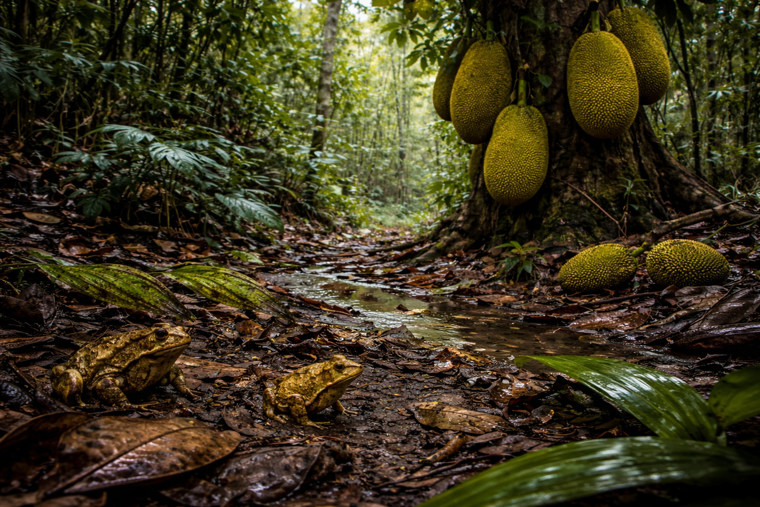 Jaqueira invasora na Mata Atlântica com frutos grandes no tronco enquanto sapos aparecem na serapilheira úmida do solo da floresta tropical