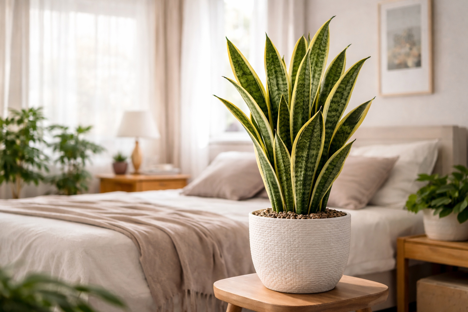 Planta espada-de-são-jorge em vaso dentro de um quarto iluminado, representando planta de interior que ajuda na renovação do ar.
