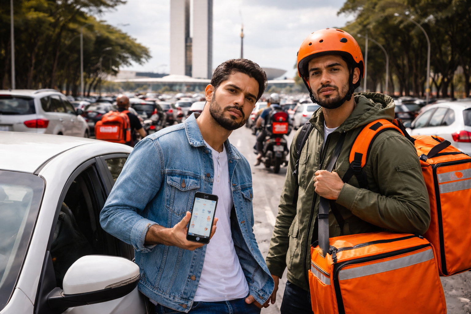Motorista de aplicativo e entregador de delivery em Brasília diante do Congresso Nacional durante debate sobre regulamentação do trabalho em plataformas digitais.