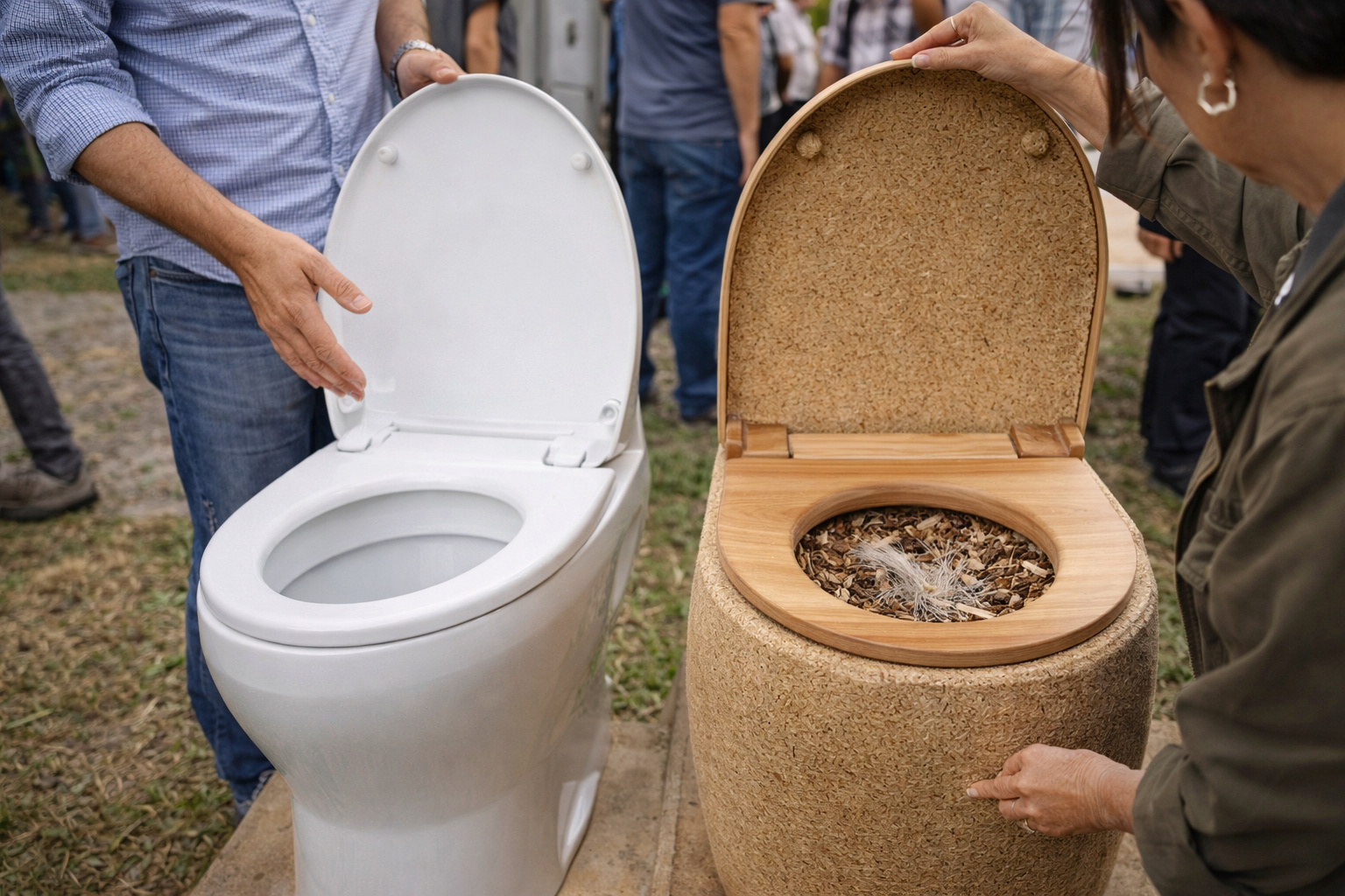 Comparação entre vaso sanitário tradicional e sanitário ecológico seco feito com materiais sustentáveis, com pessoas analisando os dois modelos lado a lado.