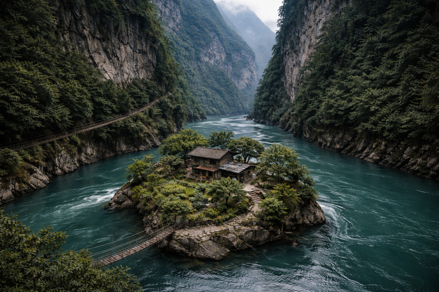 Casa construída em pequena ilha no meio do rio Jinkou cercada por cânions gigantes na província de Sichuan, na China.