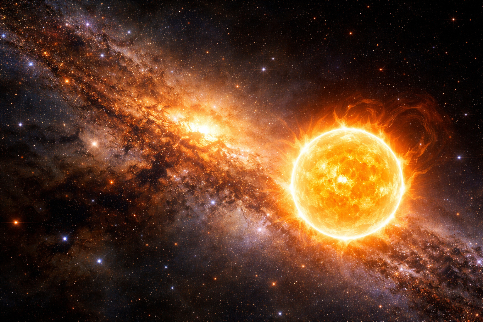 Ilustração do Sol diante do centro luminoso da Via Láctea, representando a hipótese científica de migração estelar ao longo de bilhões de anos.