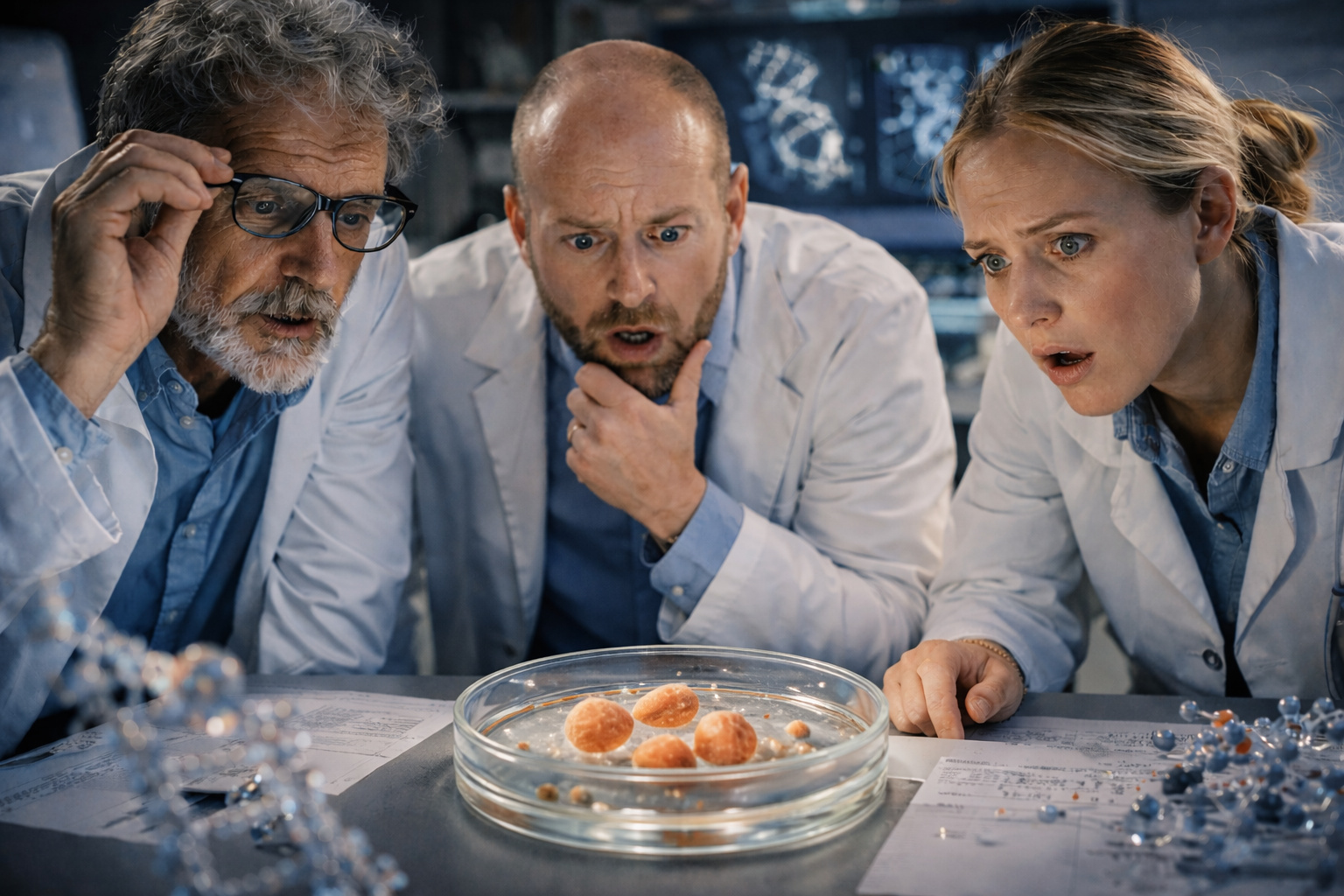 Cientistas analisam protocélulas em placa de Petri durante estudo sobre a origem da vida na Terra em laboratório.