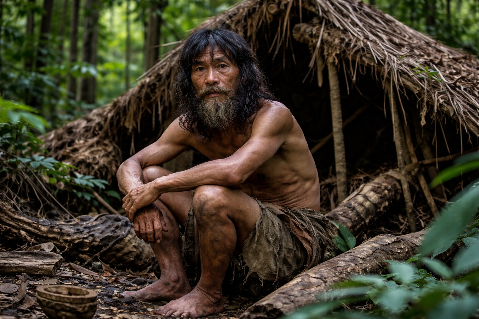 Homem vietnamita vivendo isolado na selva em frente a cabana improvisada após décadas afastado da civilização durante a Guerra do Vietnã.