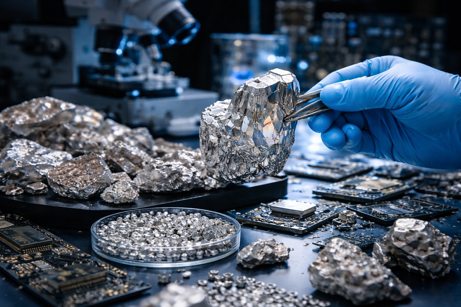 Cientista analisando amostra de super alumínio em laboratório avançado com componentes eletrônicos e materiais metálicos ao redor.