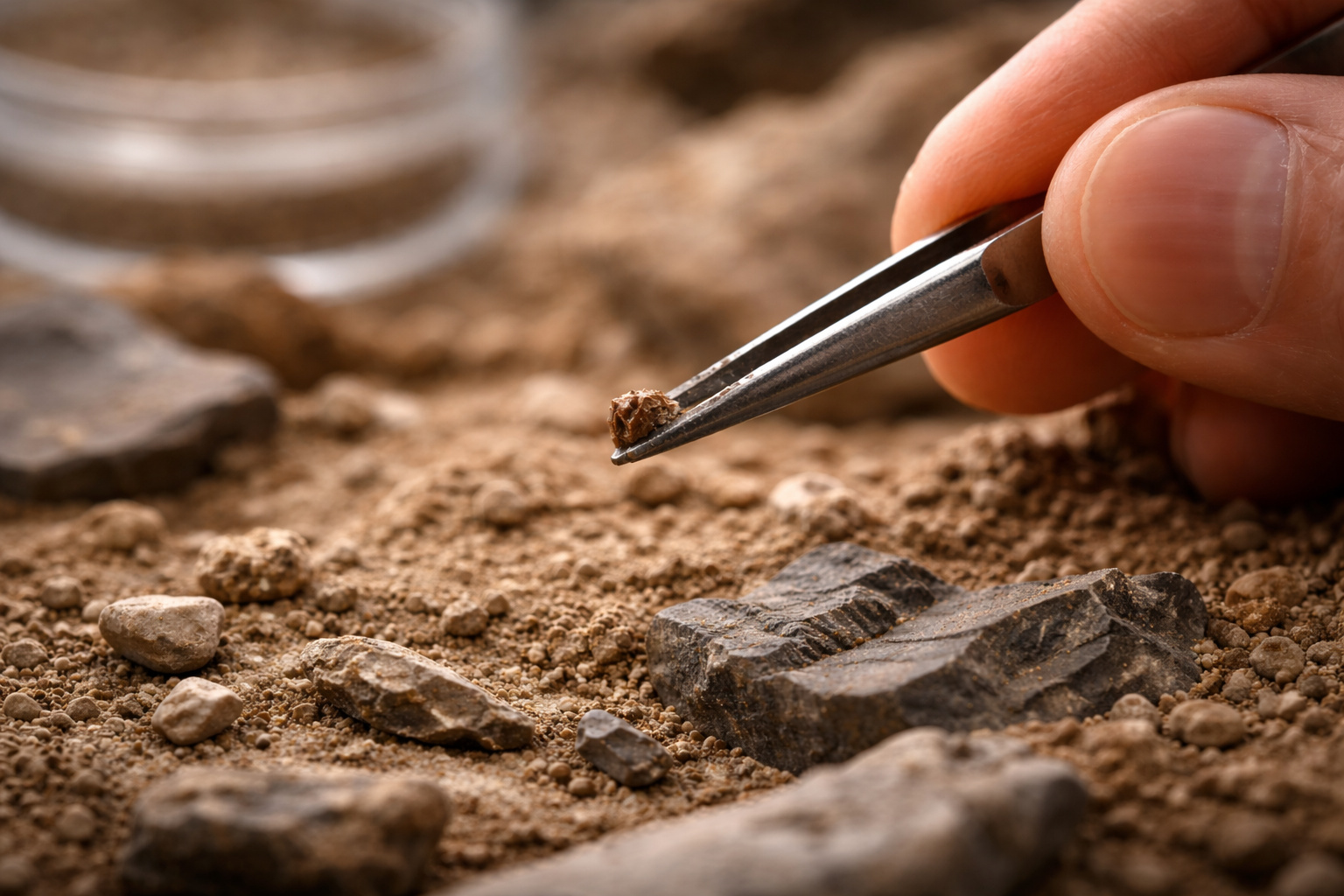 Dente fóssil microscópico de Purgatorius sendo segurado com pinça durante análise paleontológica em sedimentos fossilíferos do Colorado.