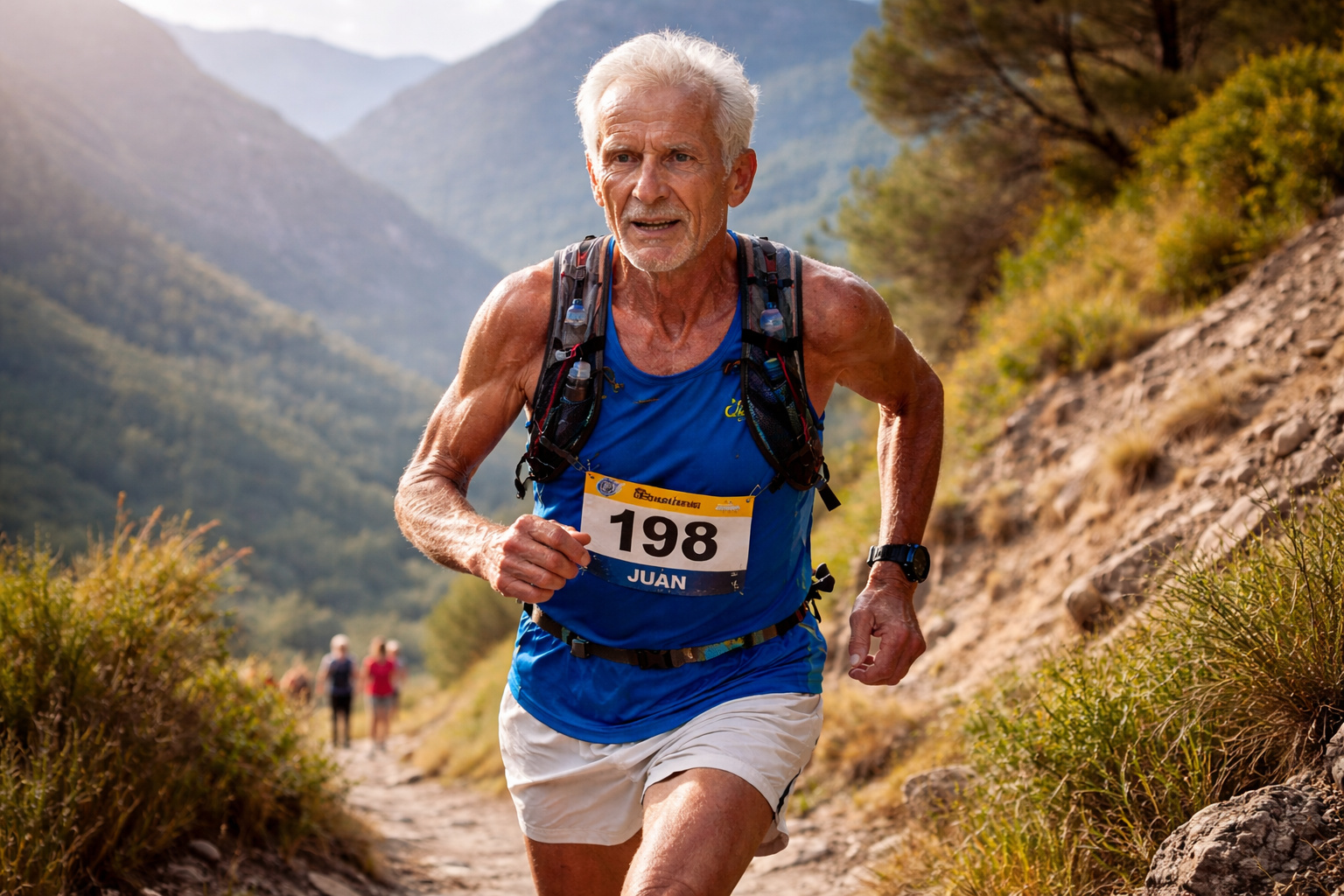 Ultramaratonista espanhol de 82 anos correndo em trilha de montanha durante prova de resistência, representando o caso de Juan López García estudado por cientistas.