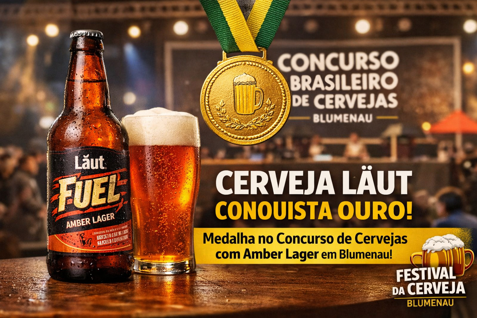 Cerveja Läut conquista ouro no Concurso de Cervejas com a Amber Lager Fuel durante o Festival da Cerveja em Blumenau.