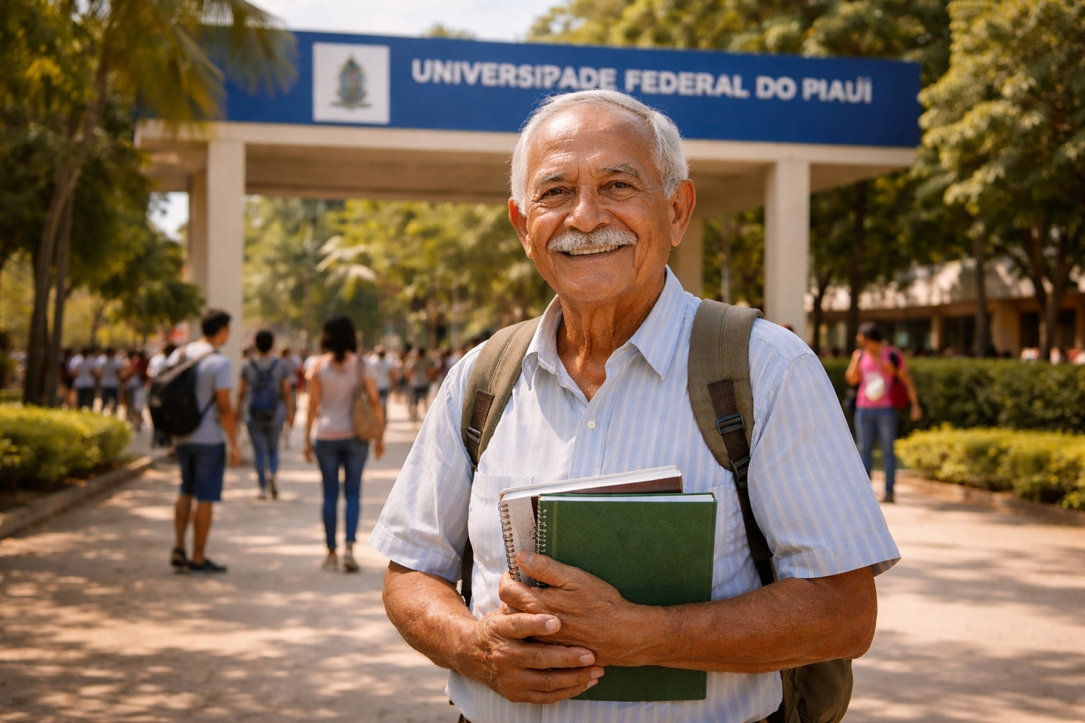 Idoso de 75 anos com livros nas mãos em frente à Universidade Federal do Piauí após aprovação em Ciências Biológicas pela EJA