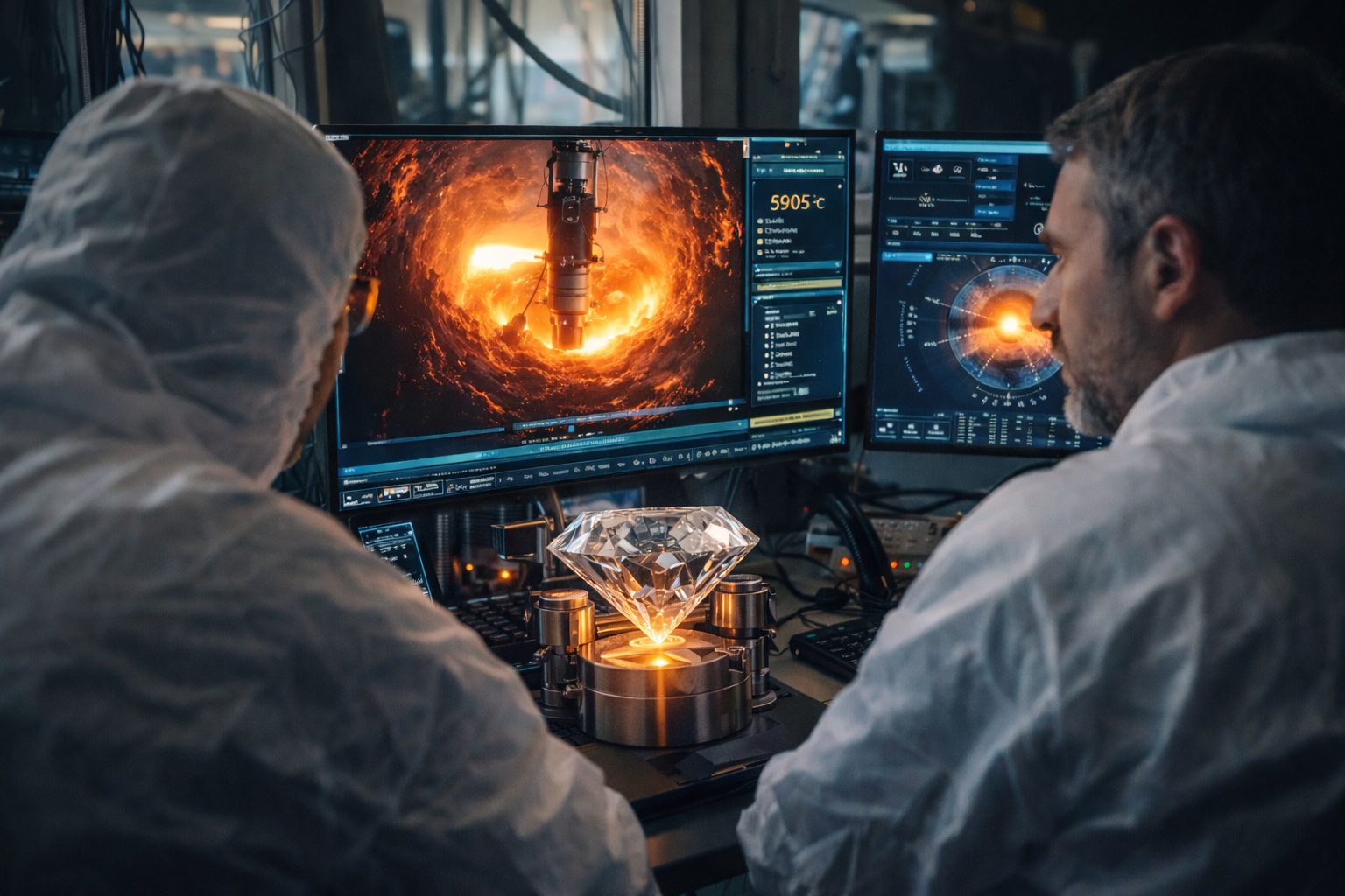 Cientistas observam telas em laboratório enquanto um experimento com diamante simula as condições extremas do interior da Terra para estudar o calor do núcleo.