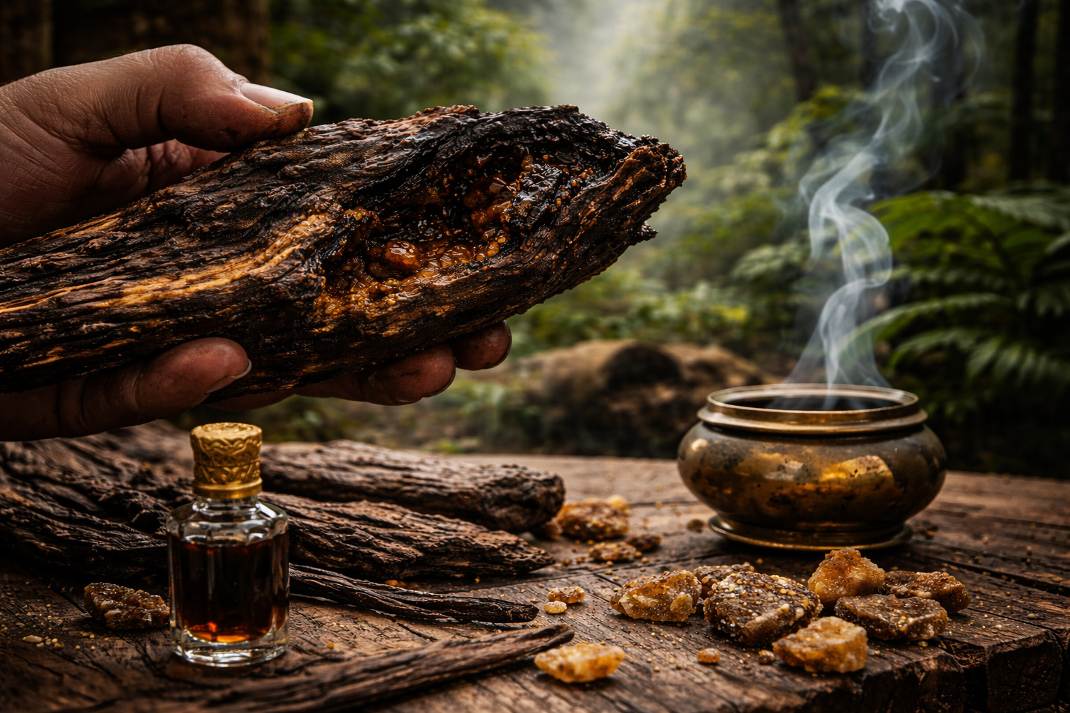 Madeira Kynam resinosa nas mãos de um coletor, com frasco de óleo oud e incensário liberando fumaça em ambiente de floresta tropical.