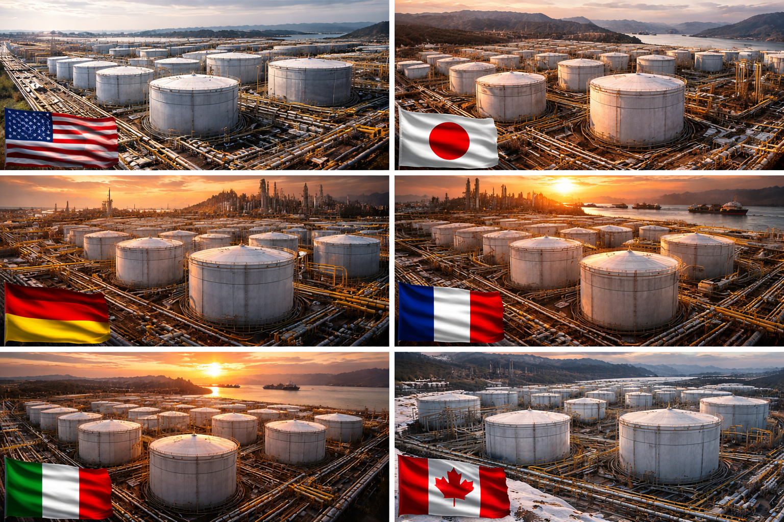 Reservas estratégicas de petróleo em tanques industriais representando os estoques de emergência dos países do G7, com instalações de armazenamento e refinarias ao fundo.