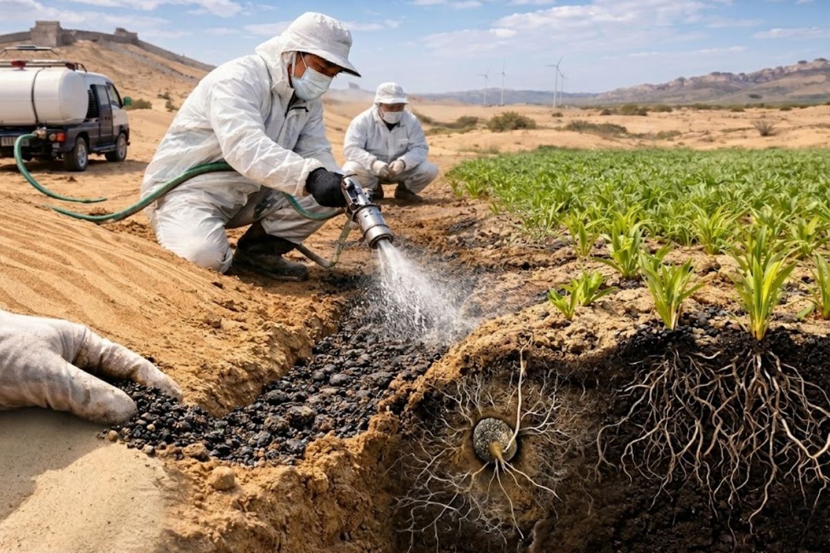 sementes vivas com cianobactérias formam crosta biológica via injeção sob pressão e ajudam a frear a desertificação no deserto. fonte: comprerural