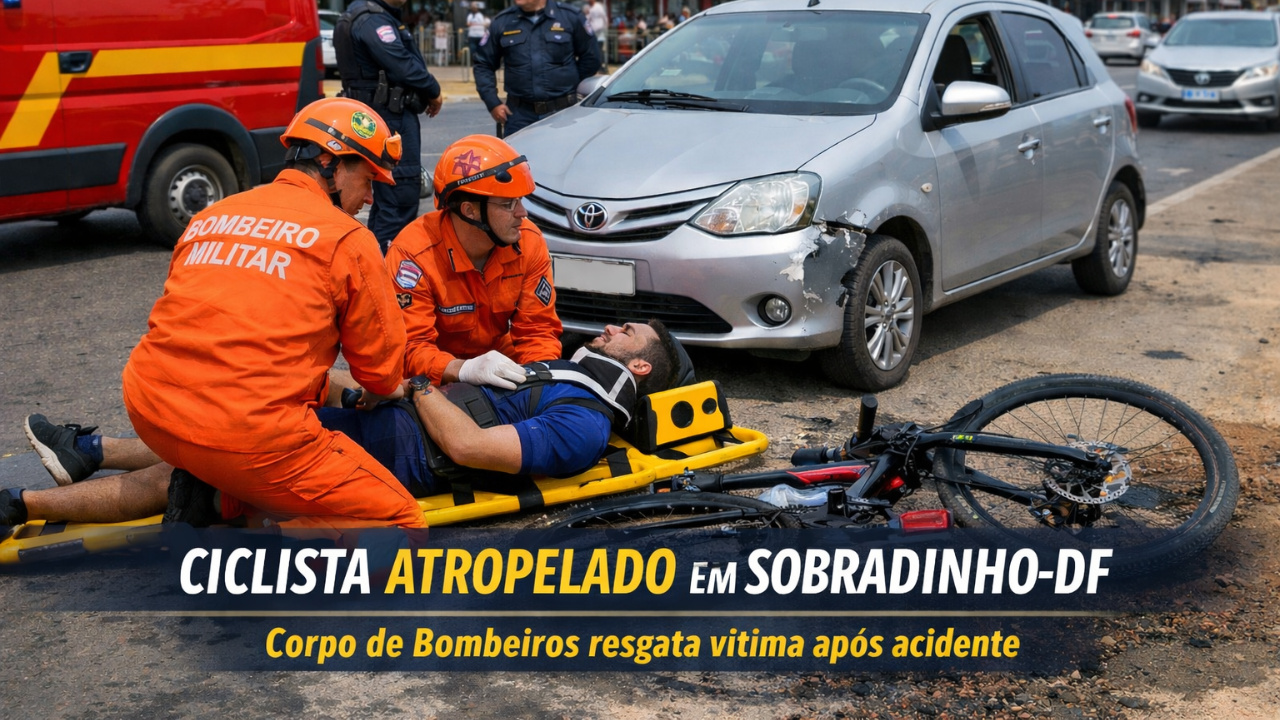Ciclista atropelado em Sobradinho DF após colisão com Toyota Etios. Corpo de Bombeiros realizou resgate e transporte ao hospital.