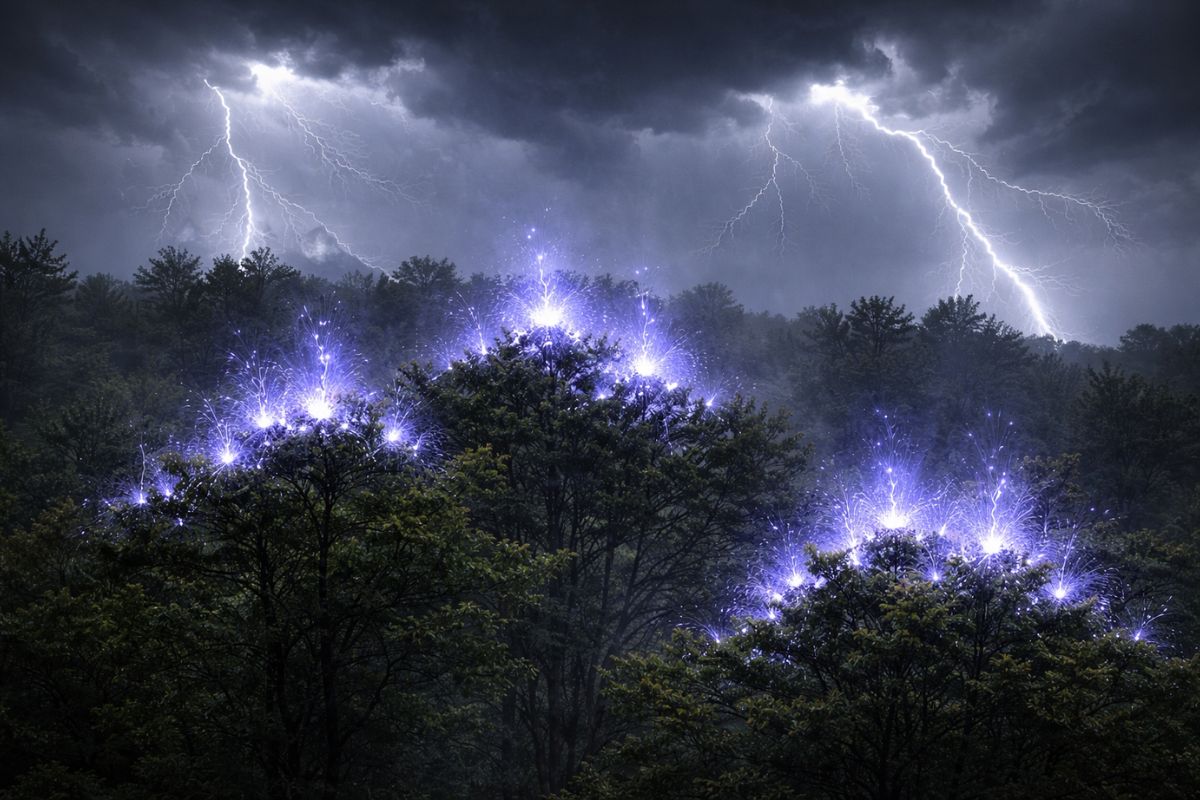 faíscas ultravioletas nas copas das árvores: corona elétrica registrada com câmera ultravioleta e campo elétrico medido durante tempestades.