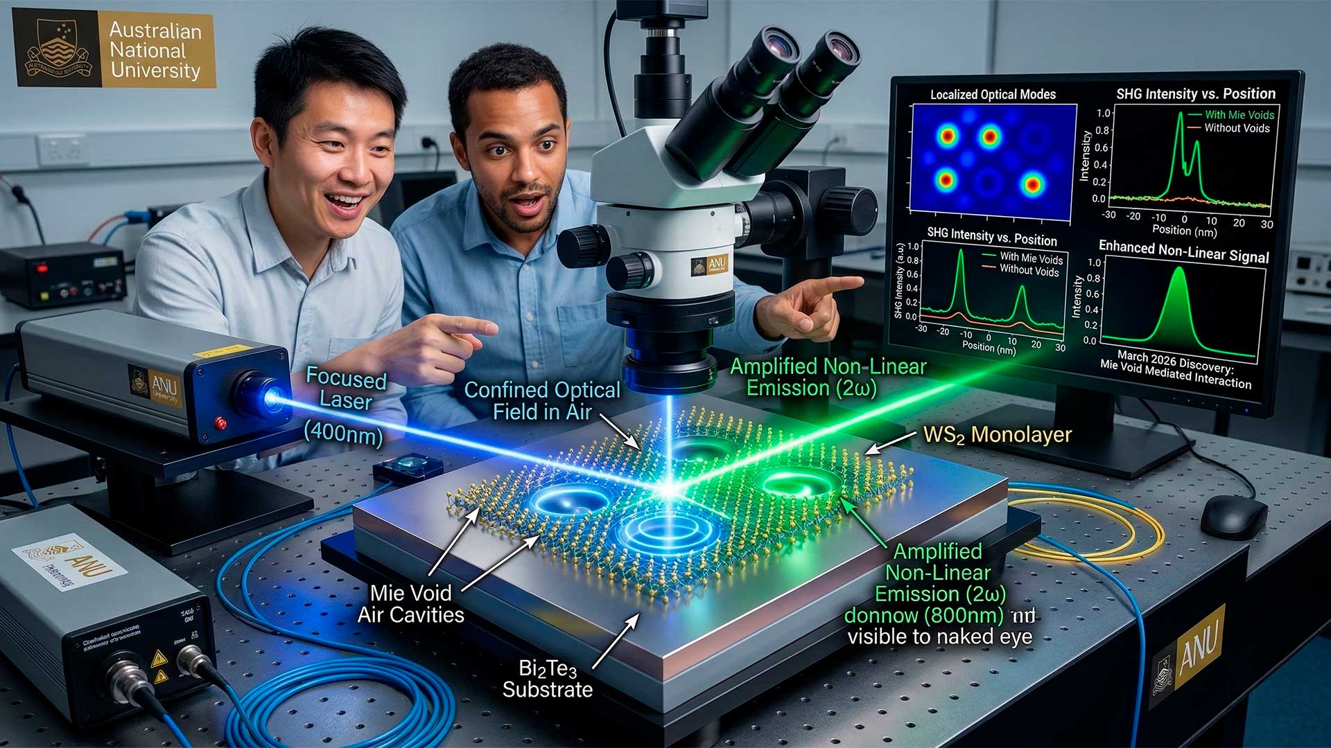 Cientistas surpreendem ao descobrir um jeito inusitado de prender a luz no vazio e ampliar emissão e conversão de frequência em materiais ultrafinos