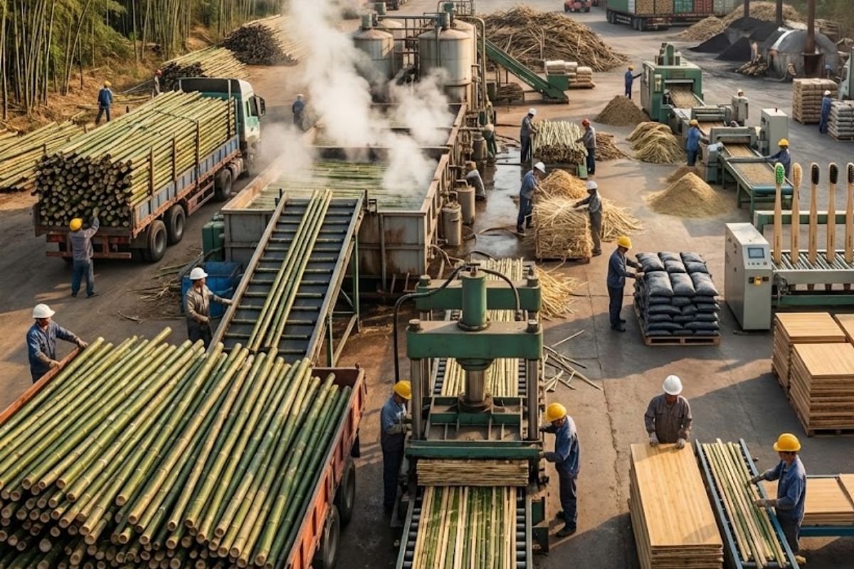 Bambus abastecem a indústria do bambu, que transforma colmos em produtos ecológicos com corte, vapor, prensagem, reaproveitamento de resíduos e foco crescente em materiais duráveis.