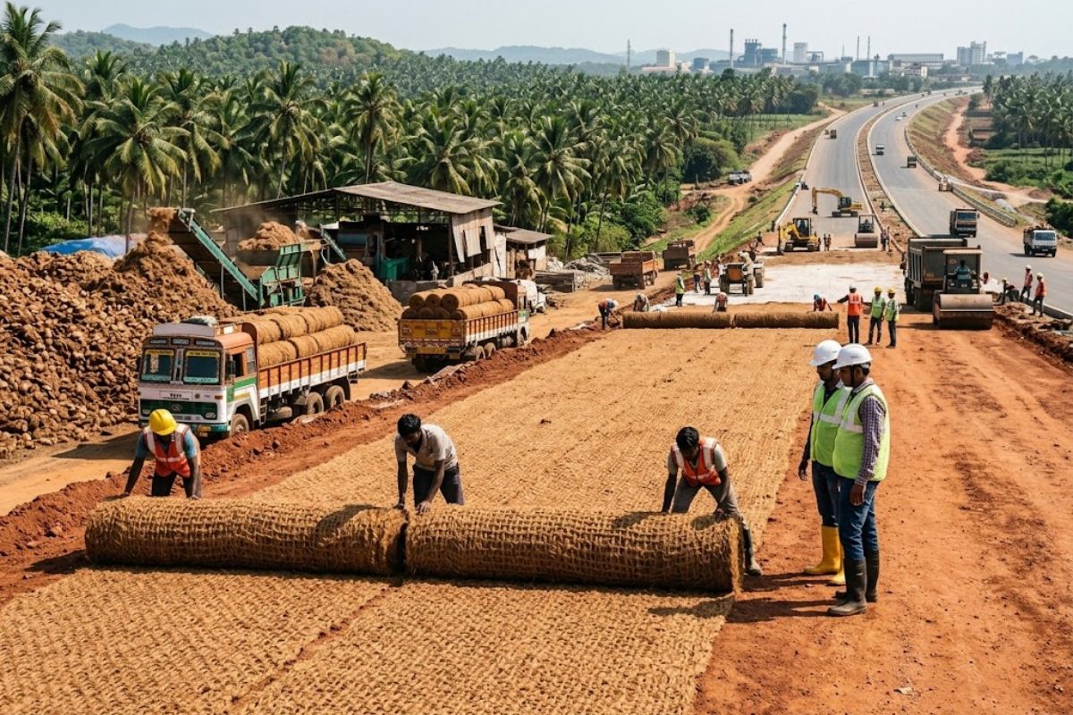 Engenheiros indianos transformam fibra de coco em tecido geotêxtil para sustentar estradas gigantescas na Índia, reduzindo resíduos e reforçando o subsolo com uma solução natural.